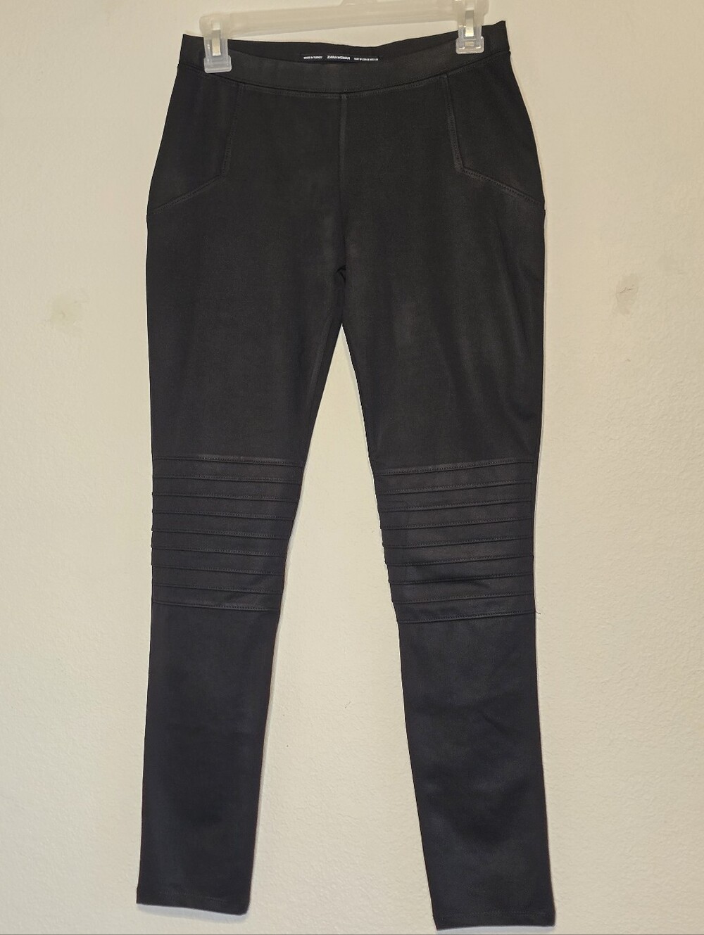 ZARA WOMAN Black Moto Leggings Skinny Ribbed Knee Pants Size Medium
